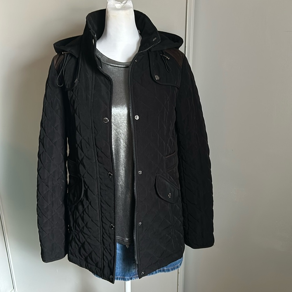 Laundry by Design Quilted Mid-Length Faux Fur Detachable Hood Zip Snap Up Jacket